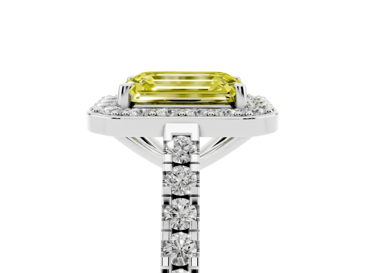 Fancy Yellow Emerald Cut Diamond Halo Ring with Round Pavé Split Shank and Prong Setting Silver
