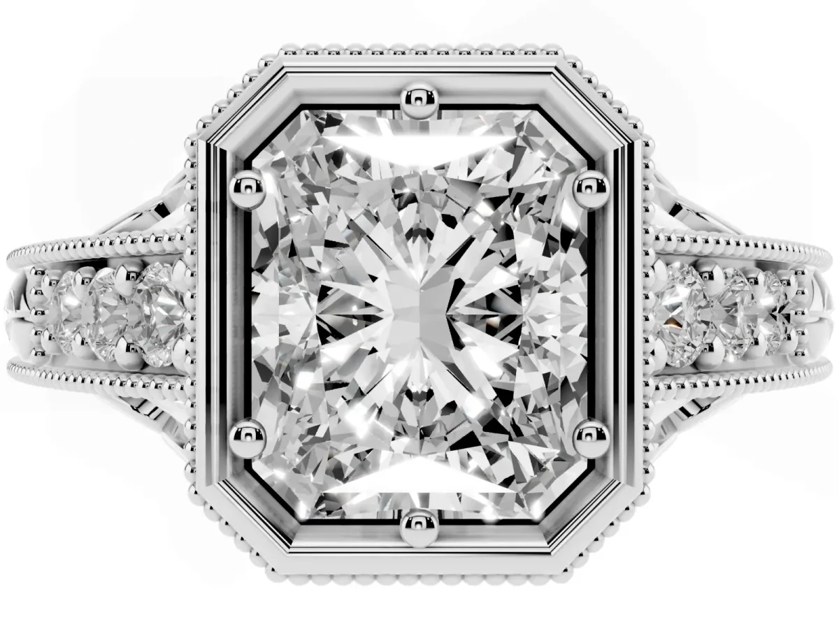 Bezel Set Radiant Cut Diamond Milgrain Pave Engagement Ring Silver