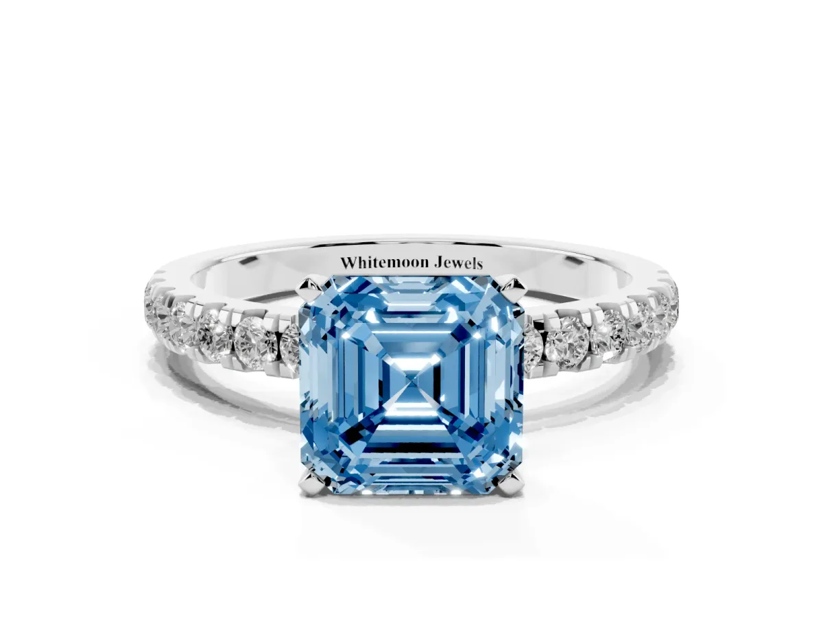 Fancy Blue Asscher Cut Diamond Solitaire Ring with Pavé Accents and Four-Prong Setting Platinum