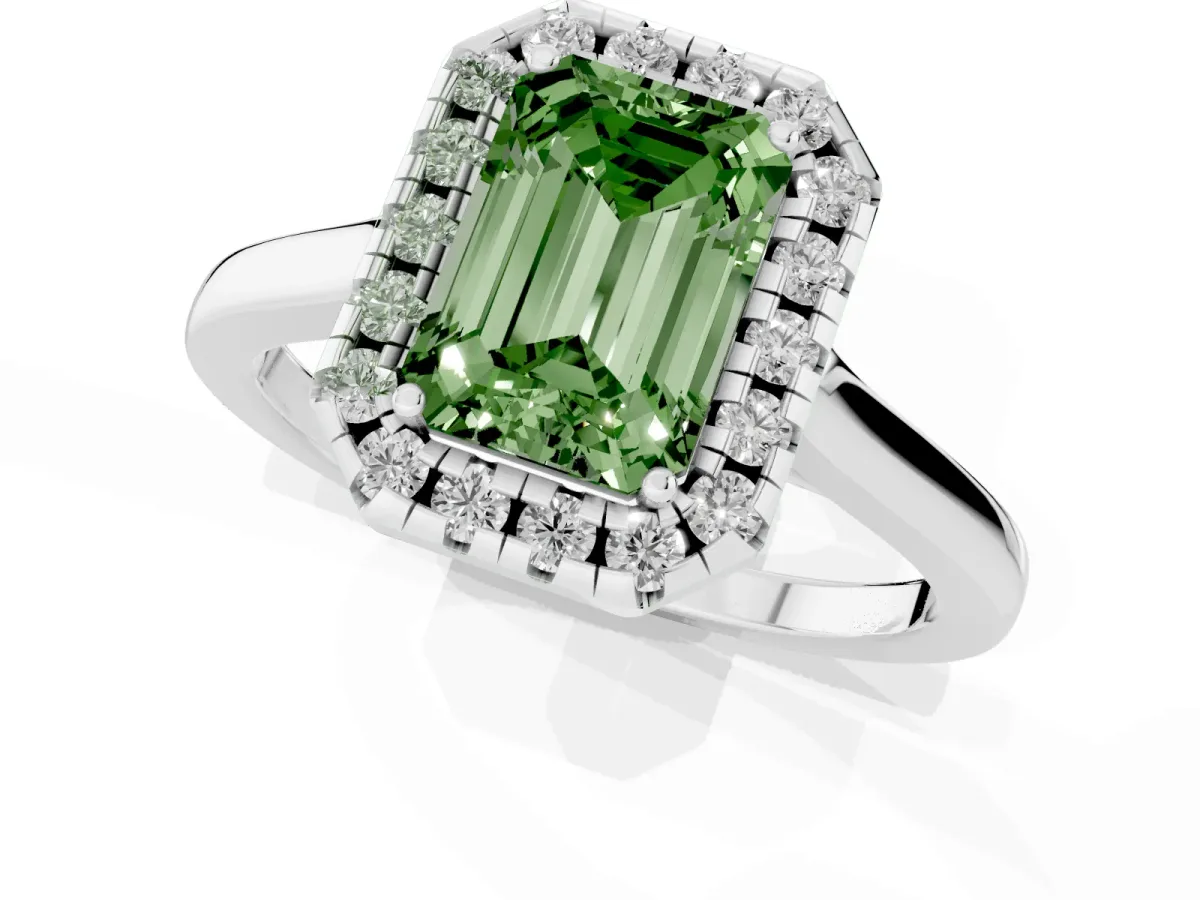 Fancy Green Emerald Cut Halo Round Diamond Solitaire Ring with Pavé Band and Four-Prong Setting Platinum