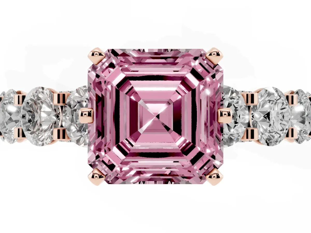 Fancy Pink Asscher Cut Diamond Side Stone Engagement Ring with Four-Prong Setting Rose gold