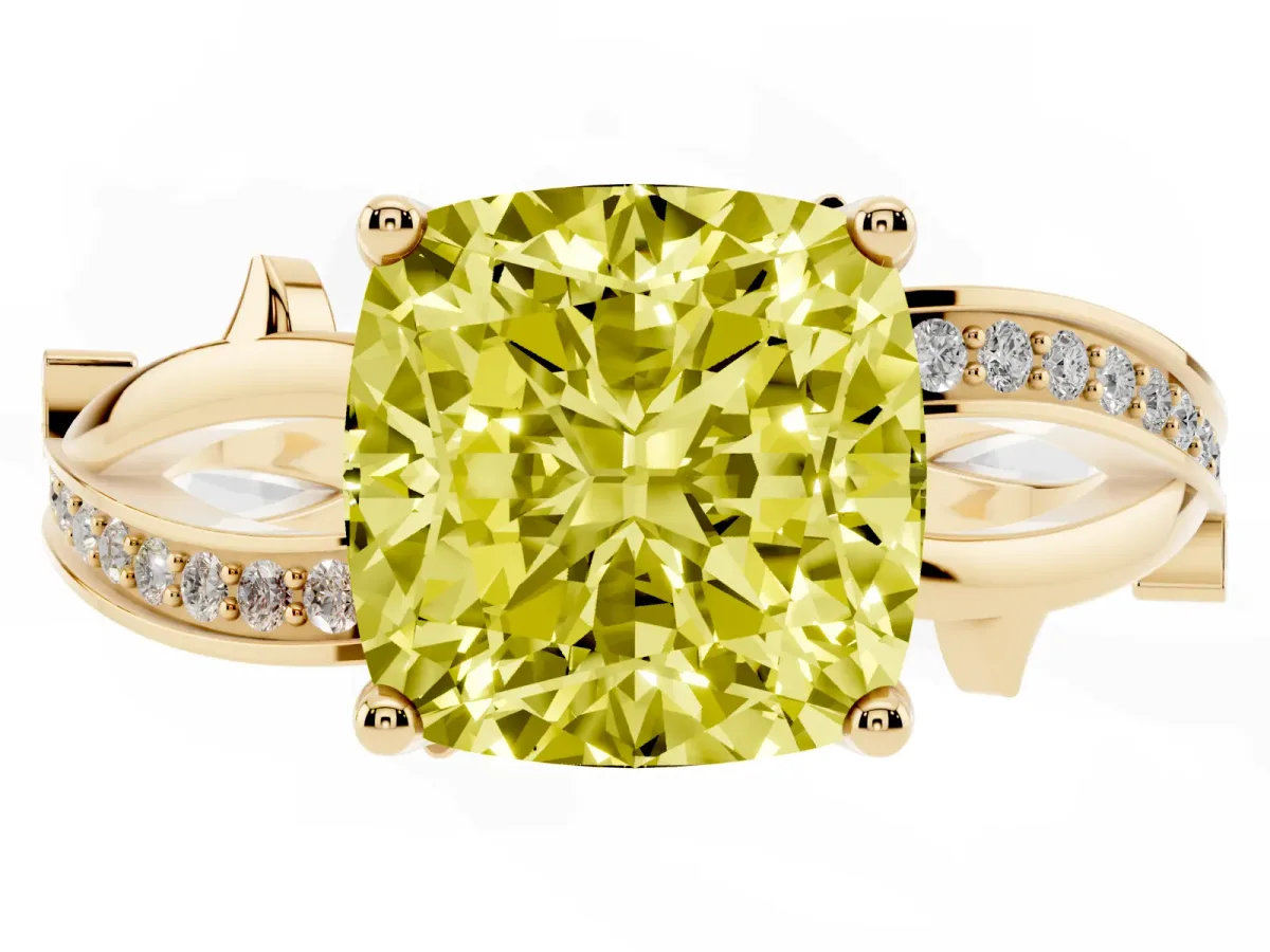 Fancy Yellow Cushion Cut Solitaire Twist Band with Pavé Accents and Four-Prong Setting Yellow gold