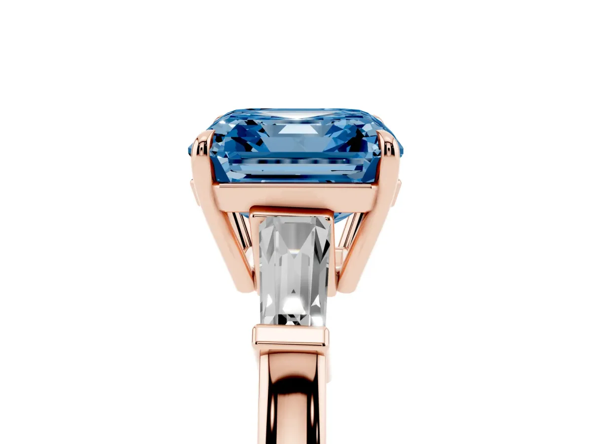 Fancy Blue Asscher Cut Diamond Three-Stone Ring with Tapered Baguette Side Stones and Prong Setting Rose gold