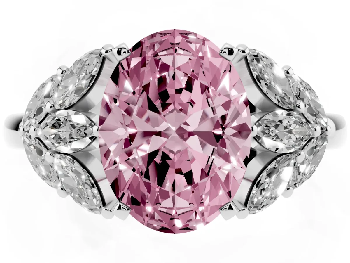 Fancy Pink Oval Cut Diamond Cluster Leaf Design Ring with Prong Setting Platinum