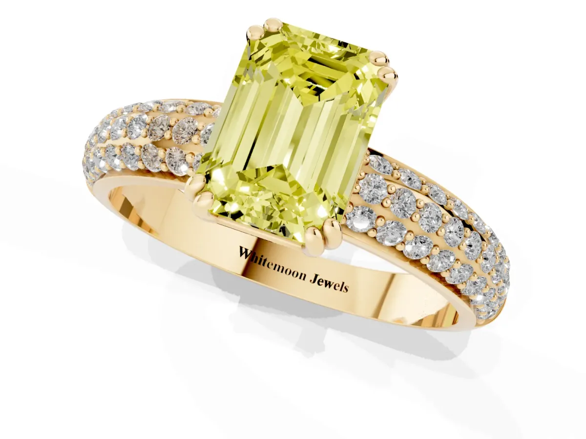 Fancy Yellow Emerald Cut Diamond Solitaire Ring with Multi-Row Round Pavé Band and Prong Setting Yellow gold