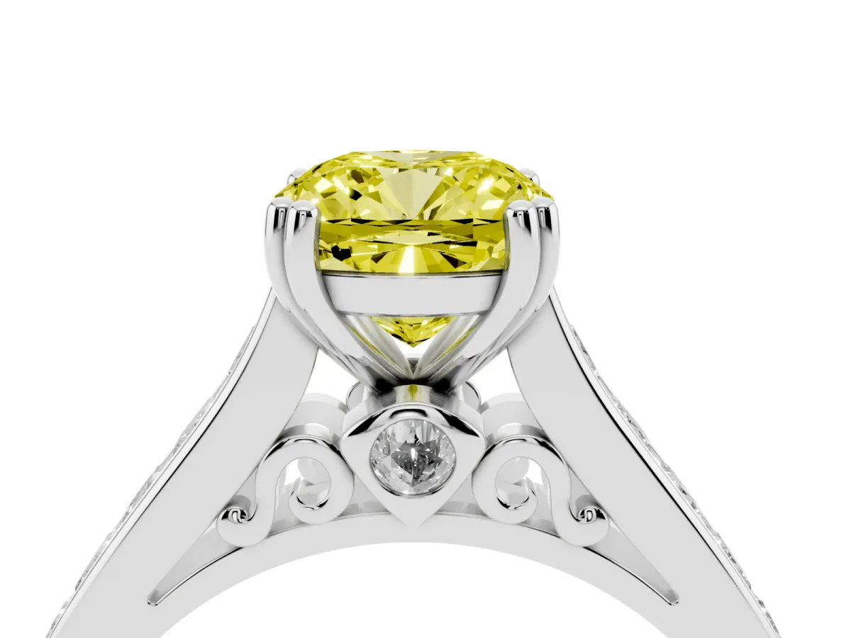 Fancy Yellow Cushion Cut Cut Channel Set Solitaire Engagement Ring with Prong Setting Silver