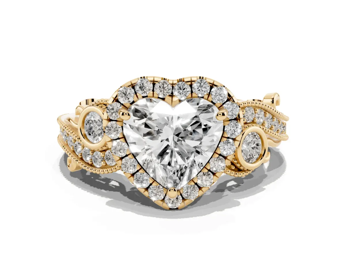 Heart Cut Diamond Halo Ring with Milgrain Pavé Band and Four-Prong Setting Yellow gold