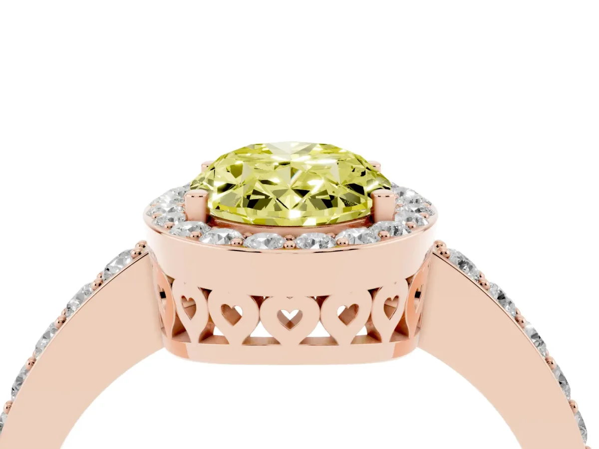 Fancy Yellow Oval Cut Halo Diamond Pavé Band Ring with Prong Setting Rose gold