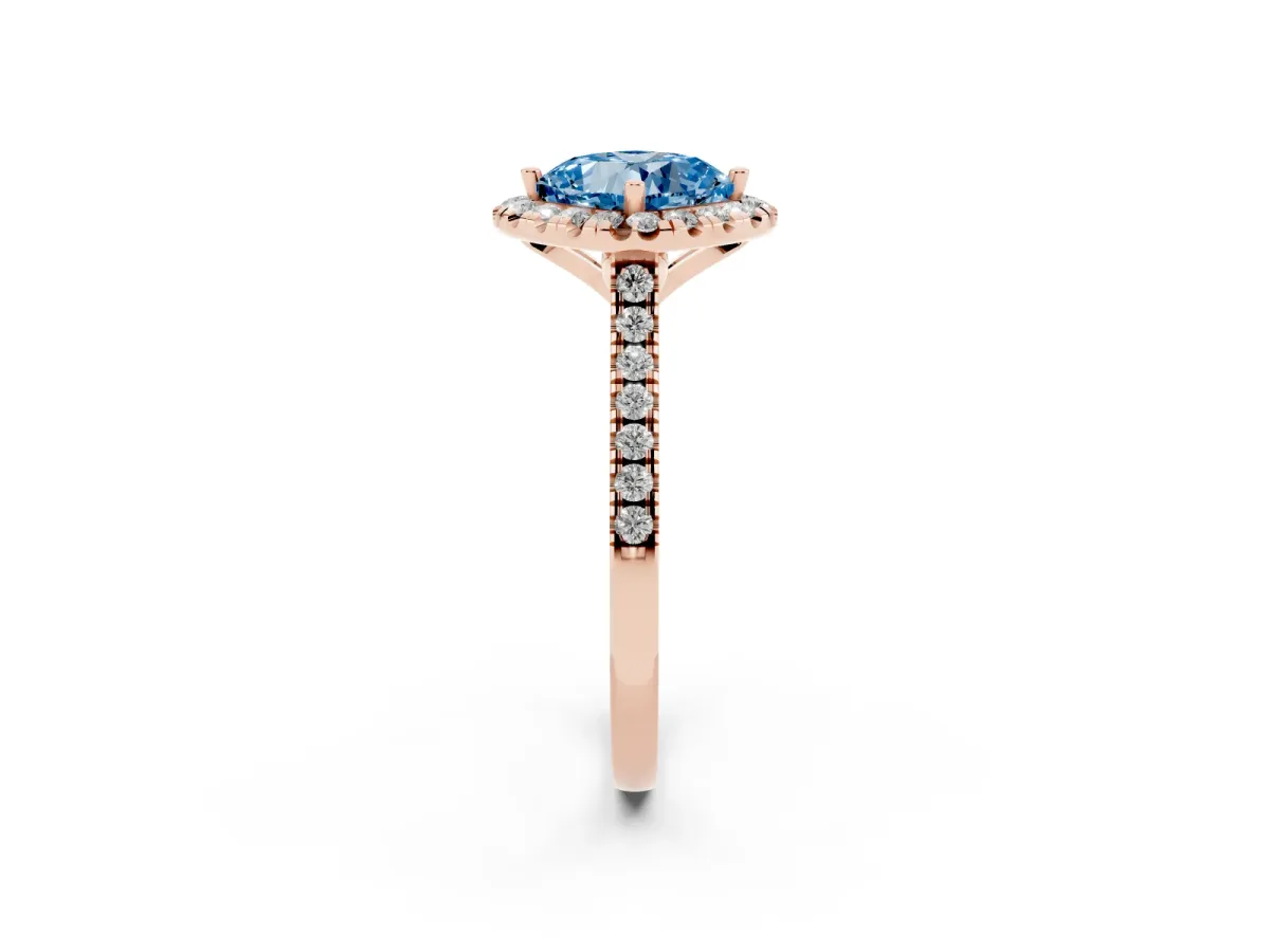 Fancy Blue Cushion Cut Diamond Cushion Halo Ring with Pavé Band Rose gold