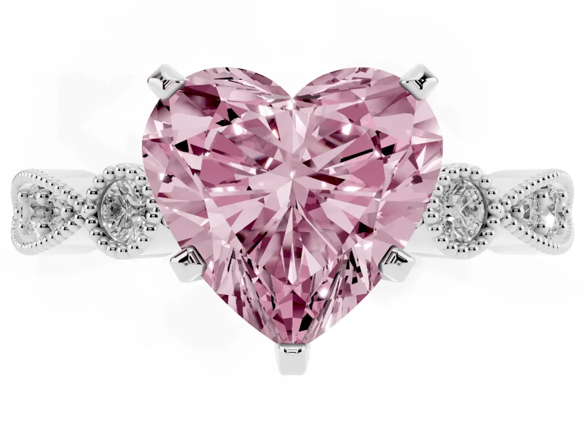 Fancy Pink Heart Cut Milgrain Bezel Diamond Engagement Ring with Solitaire Prong Setting Silver