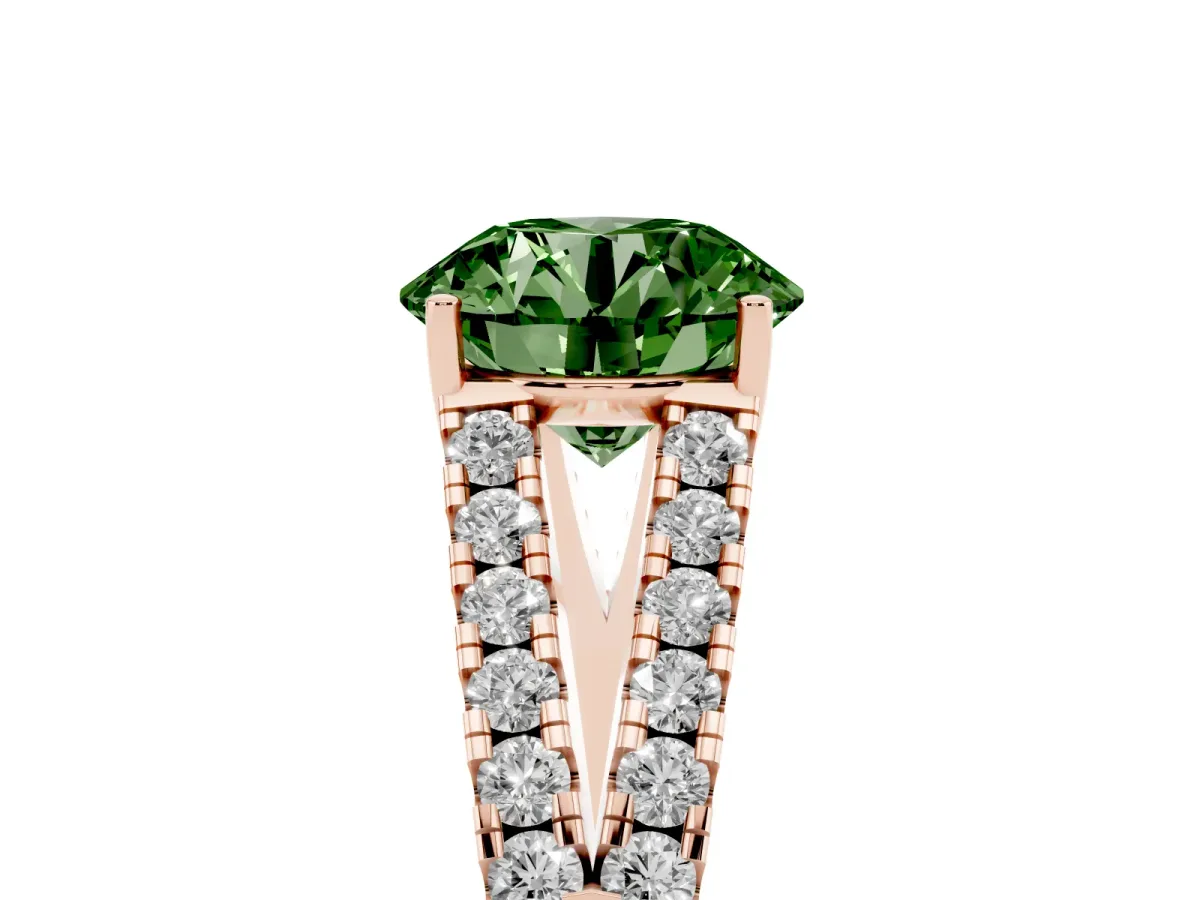 Fancy Green Round Cut Diamond Split Shank Pavé Engagement Ring with Four-Prong Setting Rose gold