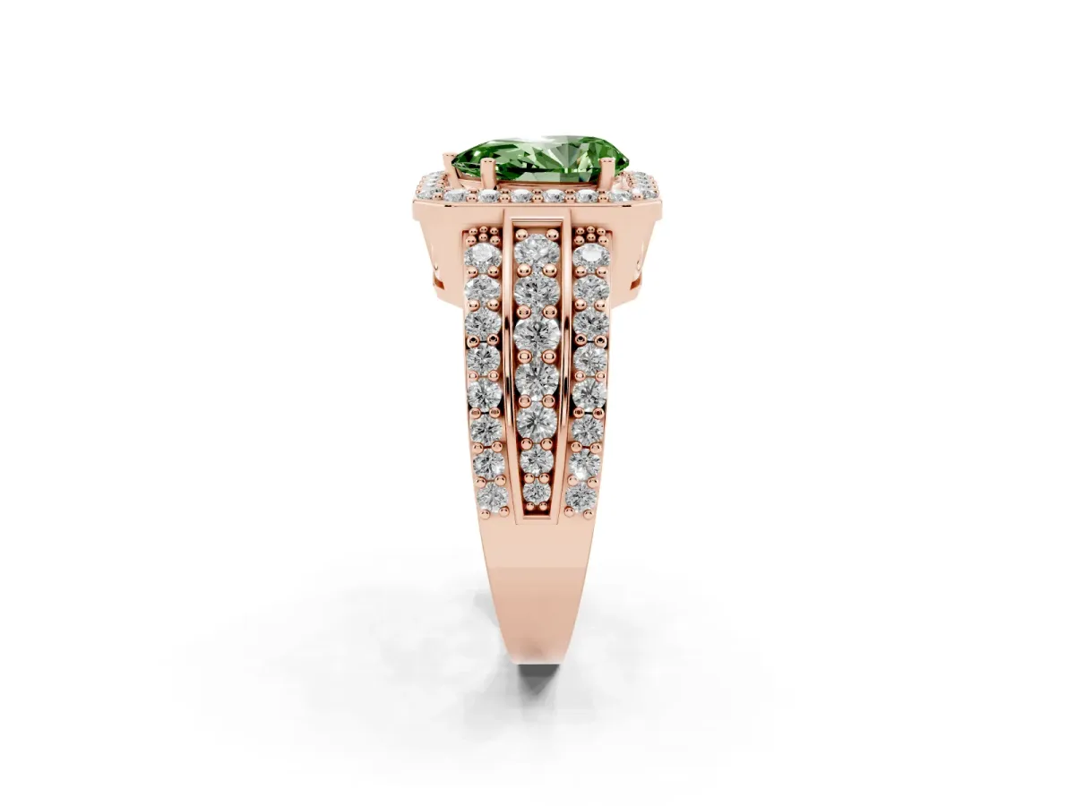 Fancy Green Pear Cut Halo Diamond Ring with Round Split Shank and Prong Setting Rose gold