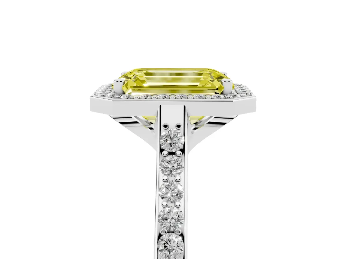 Fancy Yellow Emerald Cut Diamond Halo Engagement Ring with Round Pavé Shoulders and Prong Setting White gold