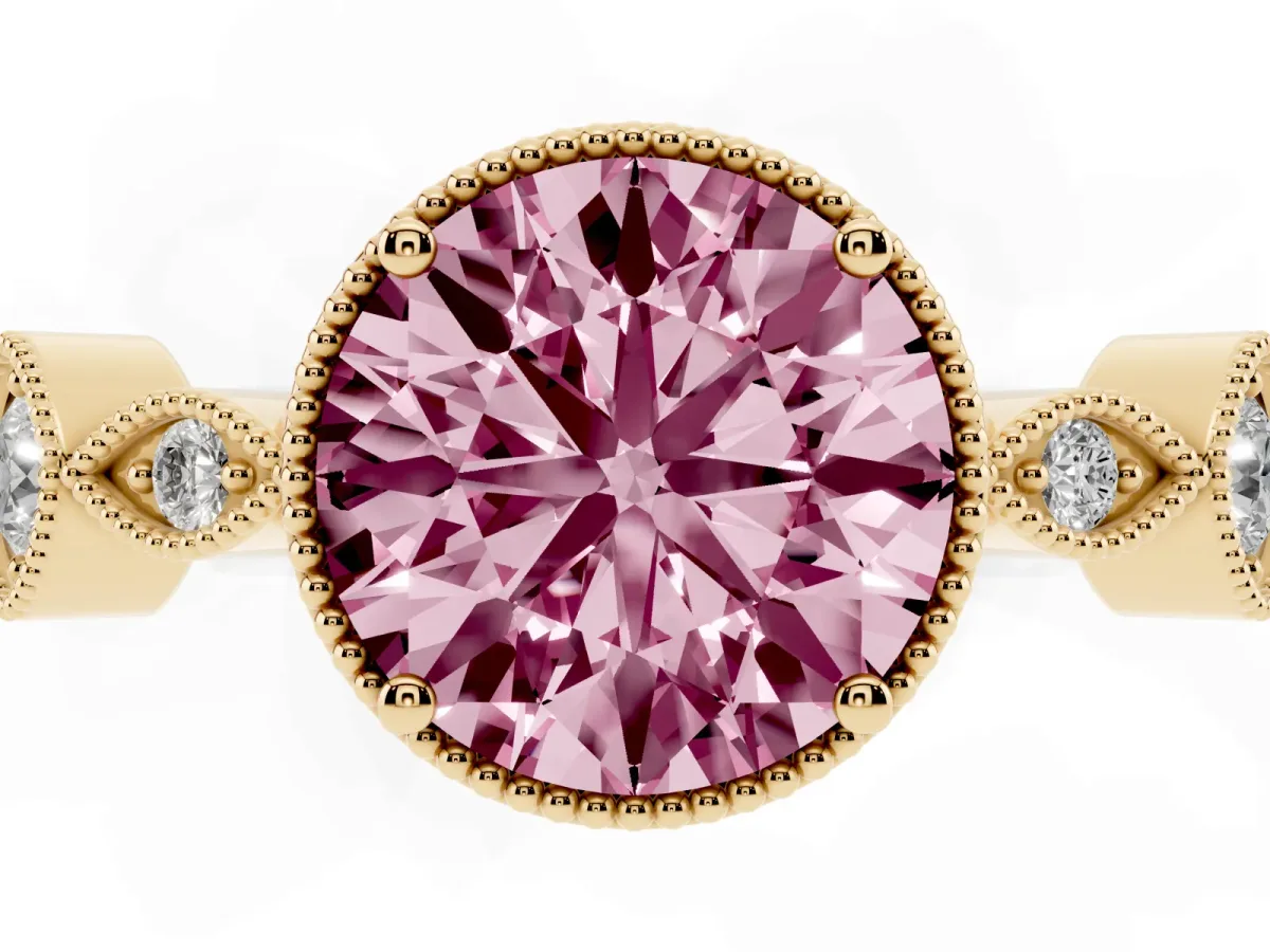 Fancy Pink Round Cut Diamond Vintage Milgrain Ring with Round Stations Yellow gold