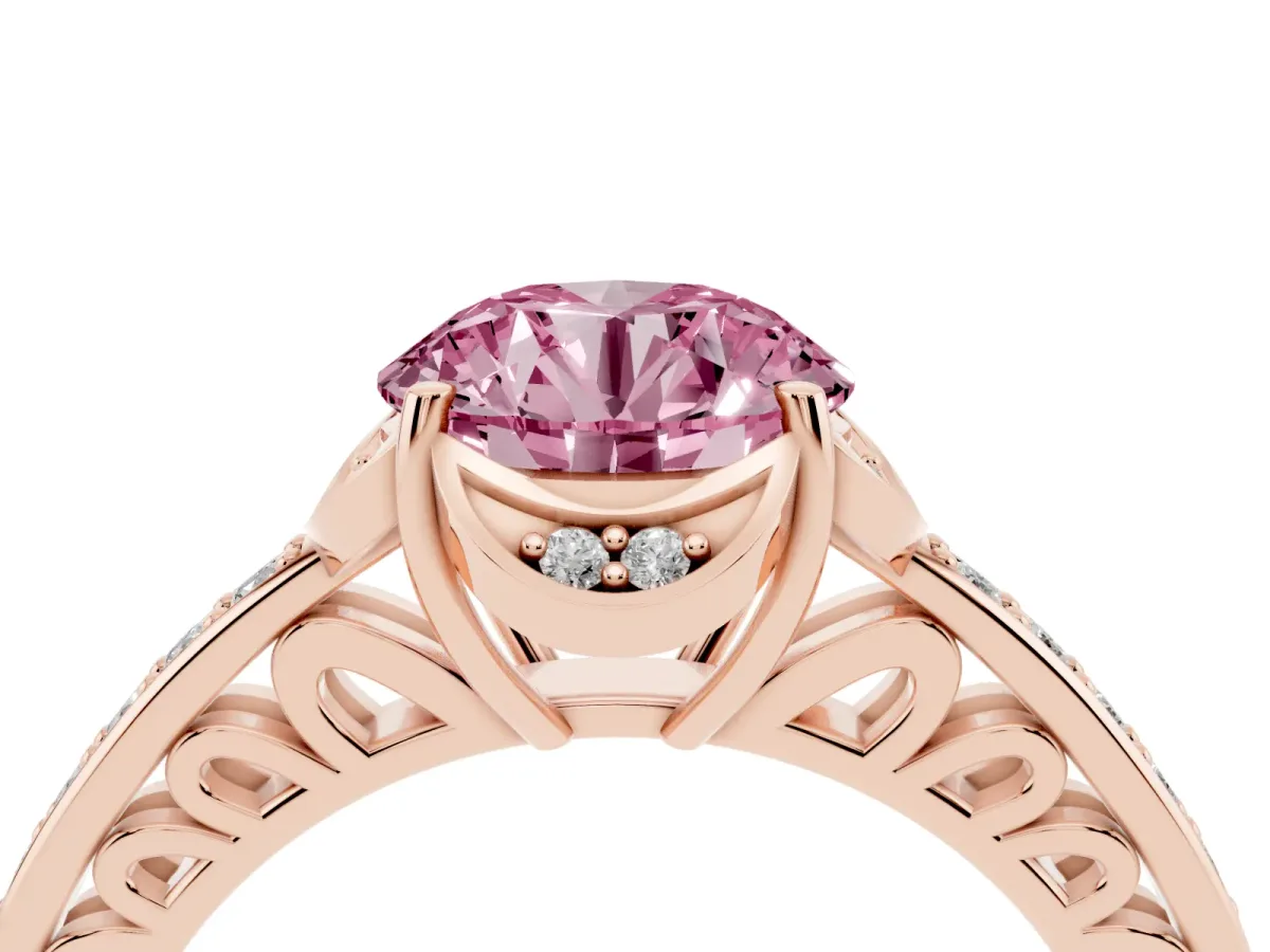 Fancy Pink Round Cut Cut Halo Diamond Ring with Channel Set Band and Four-Prong Setting Rose gold