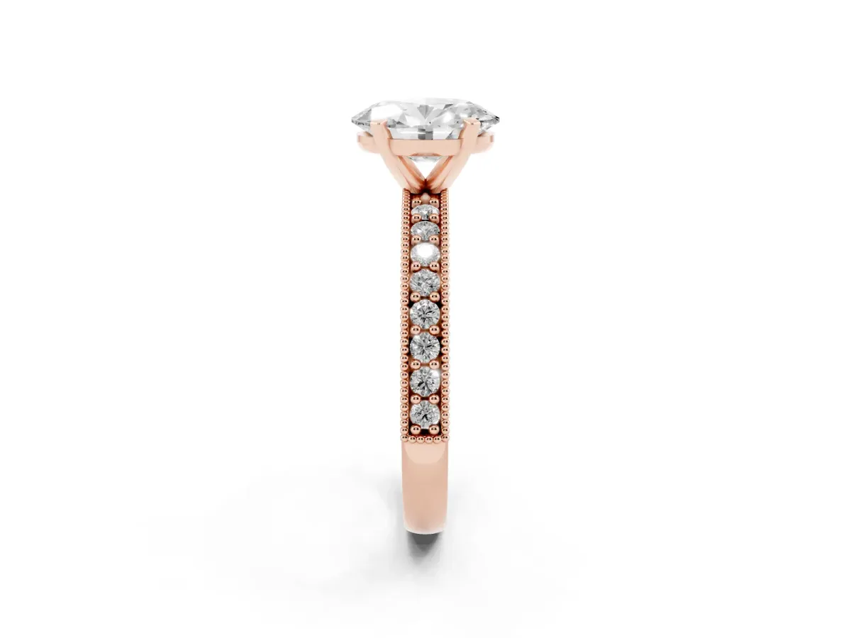 Oval Cut Diamond Milgrain Pavé Engagement Ring with Four-Prong Setting Rose gold