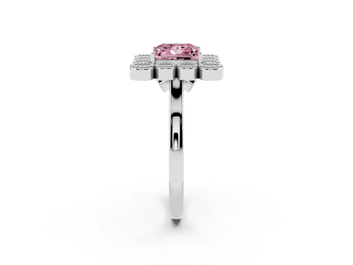 Fancy Pink Princess Cut Halo Diamond Cluster Engagement Ring with Milgrain Bezel Setting and Solitaire Band Platinum