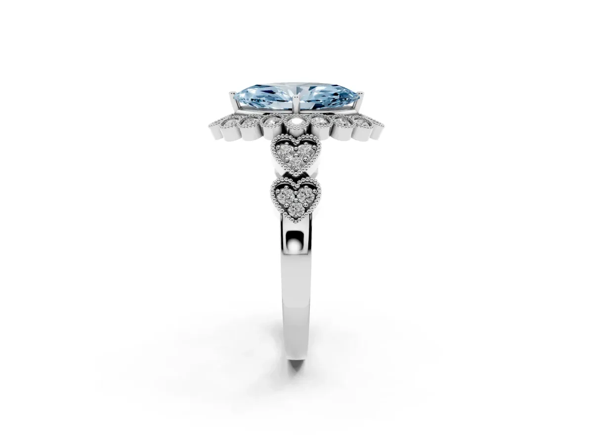 Fancy Blue Marquise Cut Brilliant Milgrain Pave Heart Band Solitaire Ring Silver