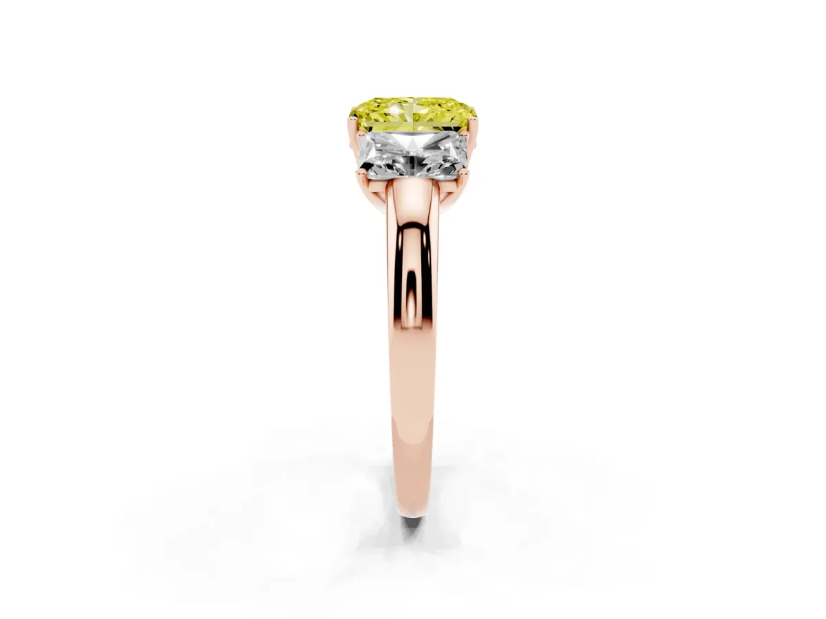 Fancy Yellow Radiant Cut Diamond Three-Stone Ring with Four-Prong Setting and Classic Band Rose gold