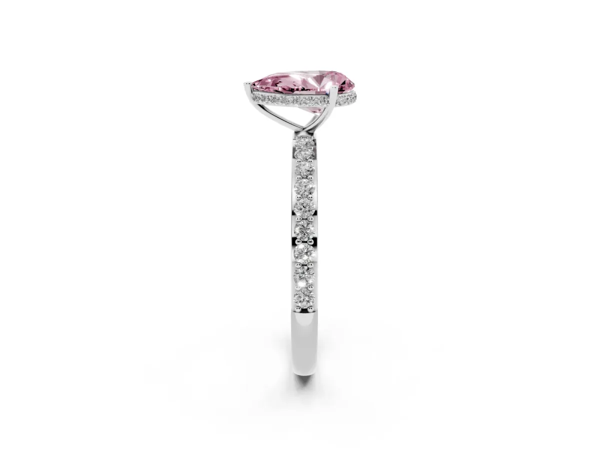 Fancy Pink Pear Cut Diamond Solitaire Ring with Pavé Band and Hidden Halo White gold