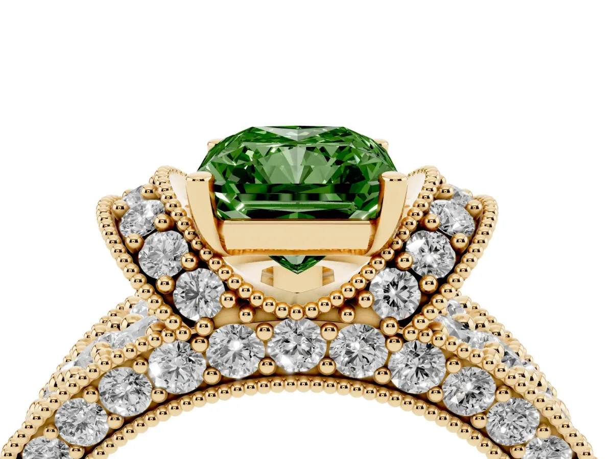 Fancy Green Radiant Cut Halo Pave Diamond Engagement Ring with Milgrain Detailing Yellow gold