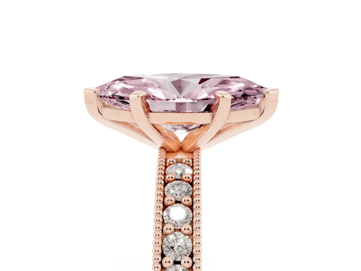 Fancy Pink Marquise Cut Diamond Milgrain Pavé Engagement Ring with Four-Prong Setting Rose gold