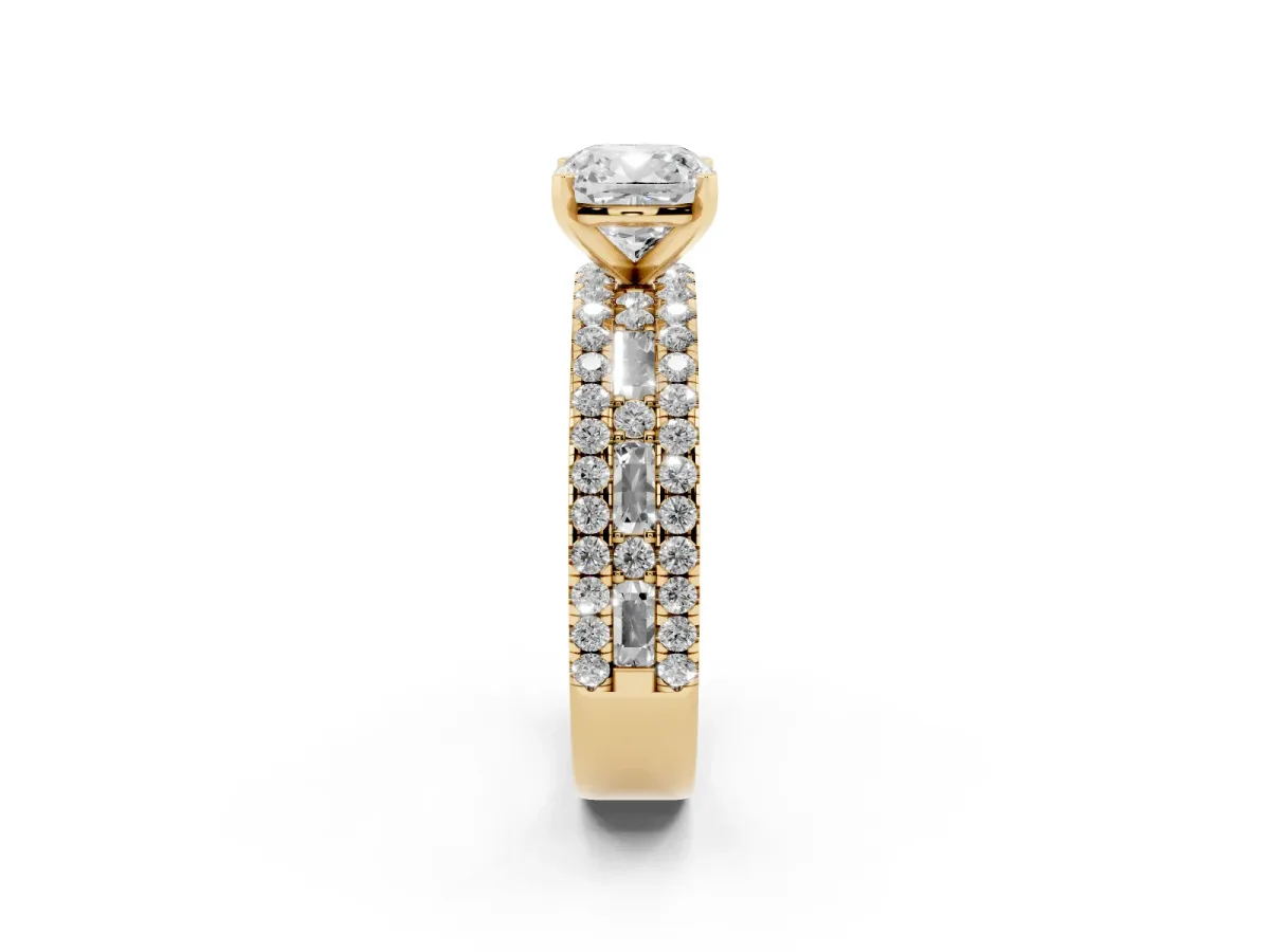 Cushion Cut Diamond Solitaire Ring with Pavé and Channel Set Band Yellow gold