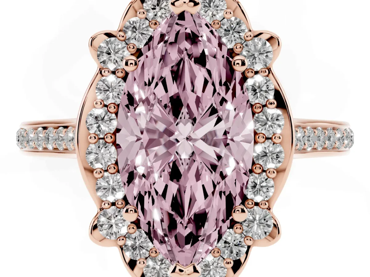 Fancy Pink Marquise Cut Halo Round Diamond Pave Band with Four-Prong Setting Rose gold