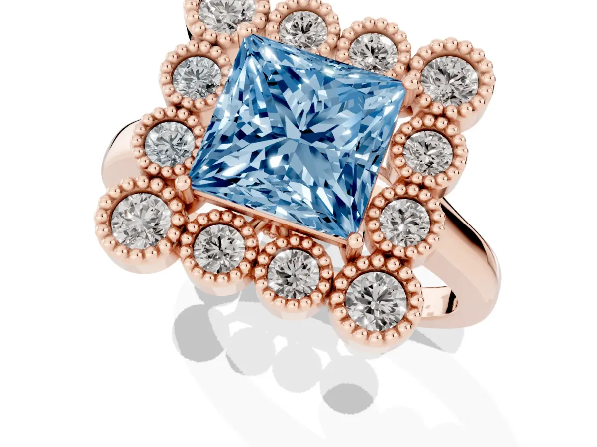 Fancy Blue Princess Cut Halo Diamond Cluster Engagement Ring with Milgrain Bezel Setting and Solitaire Band Rose gold