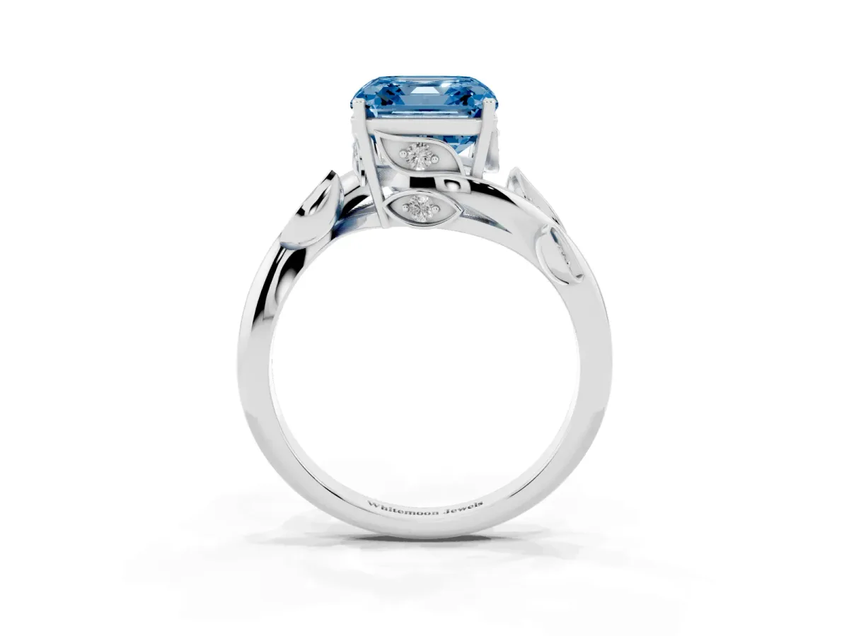 Fancy Blue Asscher Cut Solitaire Twist Engagement Ring with Leaf Accents and Prong Setting Silver