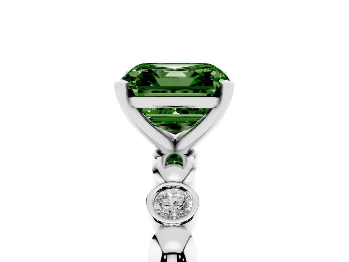 Fancy Green Asscher Cut Solitaire Bezel-Set Diamond Ring with Beaded Band and Four-Prong Setting Silver