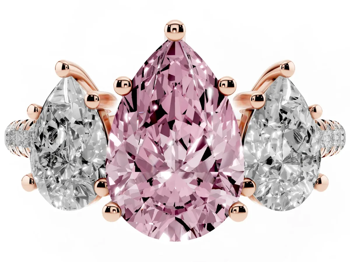 Fancy Pink Three-Stone Pear Cut Diamond Ring with Round Pavé Band and Prong Setting Rose gold