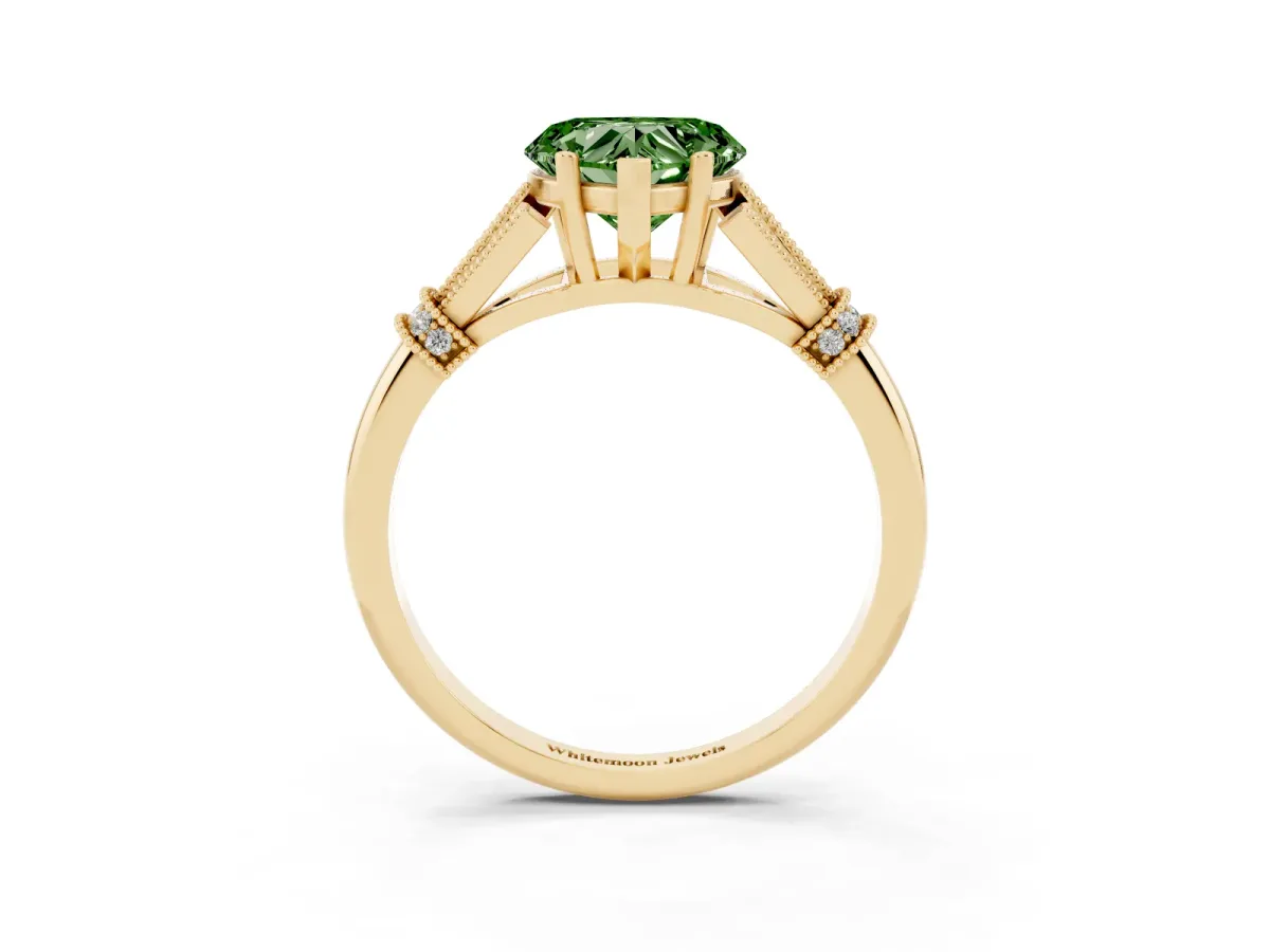 Fancy Green Heart Cut Diamond Solitaire Ring with Floral Filigree and Pave Accents Yellow gold
