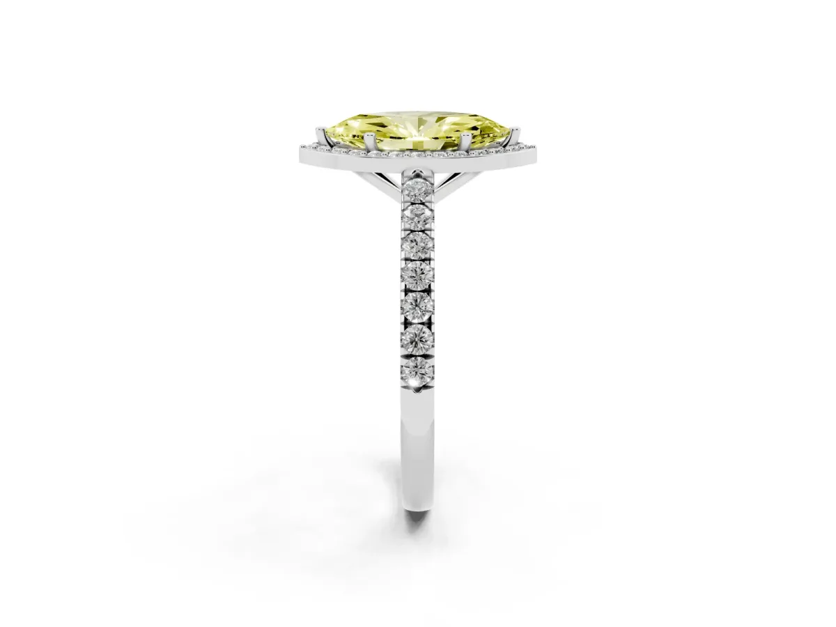 Fancy Yellow Marquise Cut Cut Halo Diamond Engagement Ring with Pave Band and Four-Prong Setting White gold