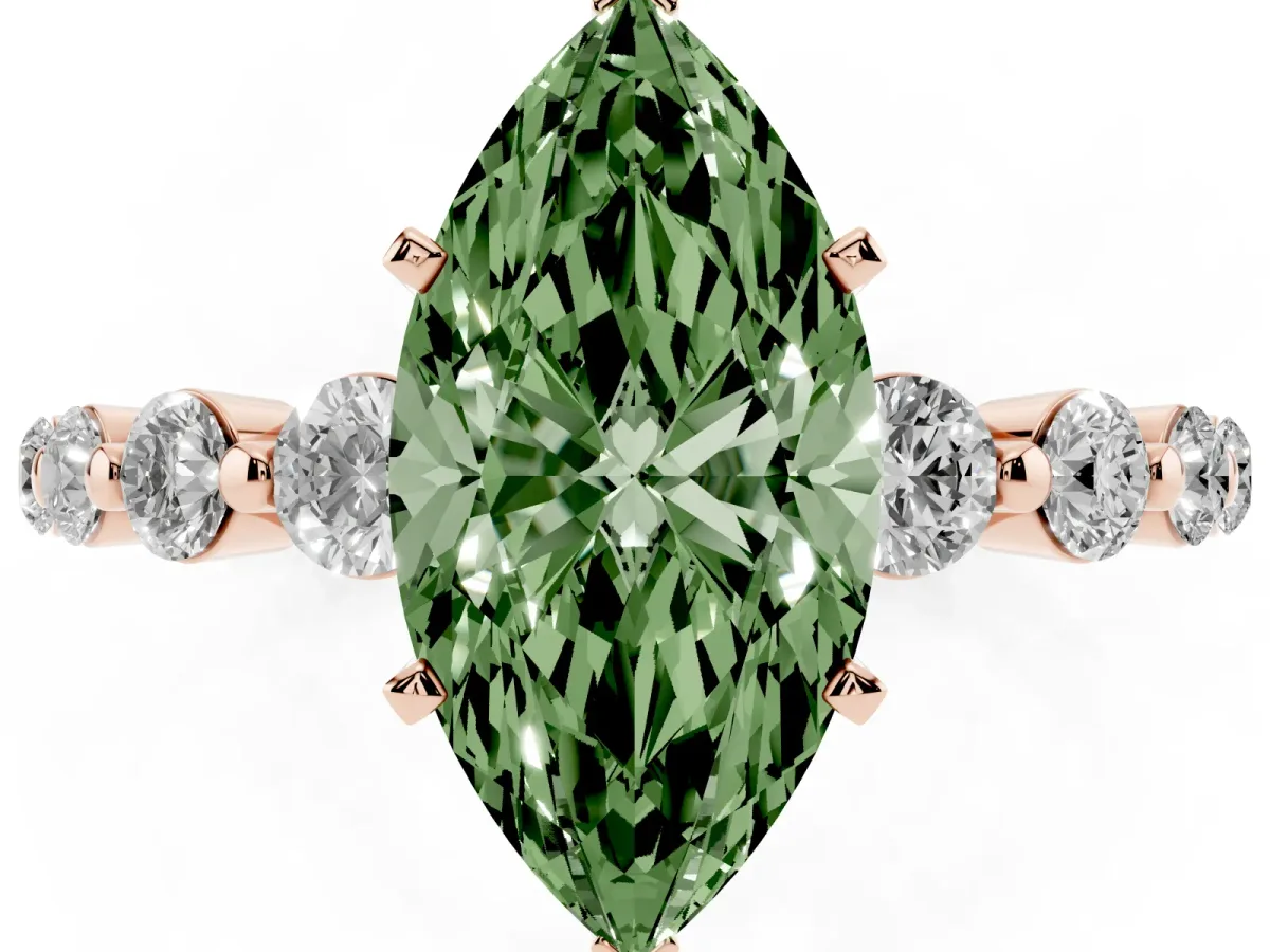 Fancy Green Marquise Cut Solitaire Diamond Ring with Pave Band and Four-Prong Setting Rose gold