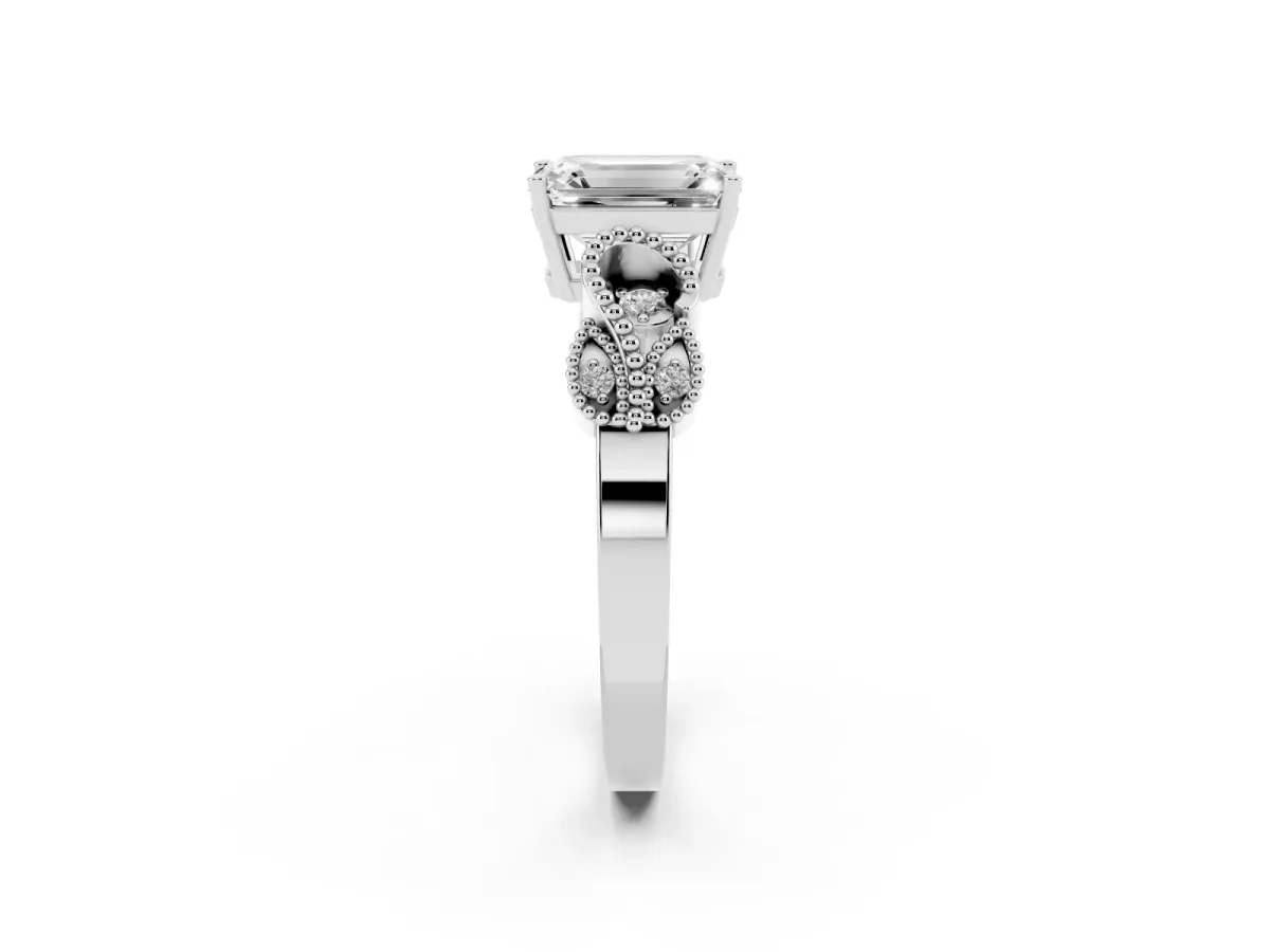 Emerald Cut Solitaire Milgrain Leaf Band with Prong Setting Silver