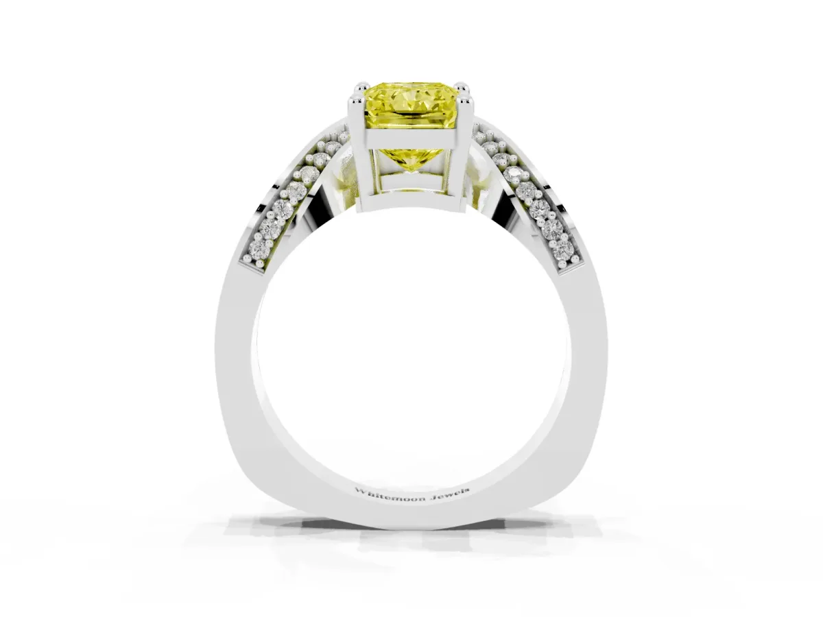 Fancy Yellow Radiant Cut Solitaire Diamond Engagement Ring with Pave Band and Four-Prong Setting Silver