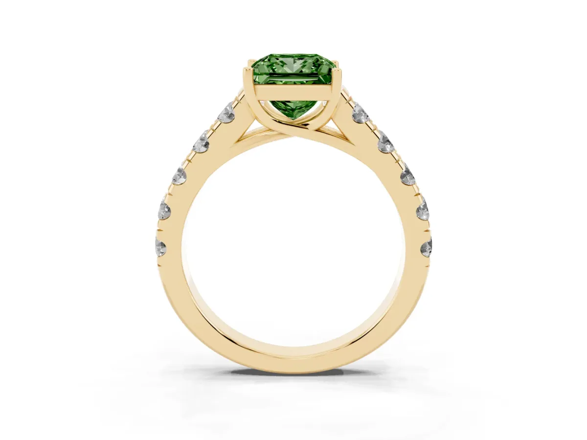 Fancy Green Princess Cut Cut Diamond Solitaire Ring with Micro Pave Band and Prong Setting Yellow gold