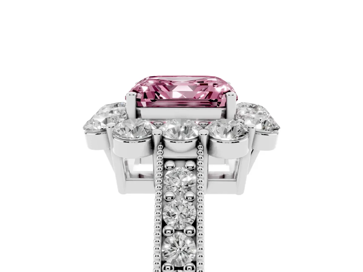 Fancy Pink Asscher Cut Cut Halo Diamond Pavé Engagement Ring with Milgrain Detailing Silver