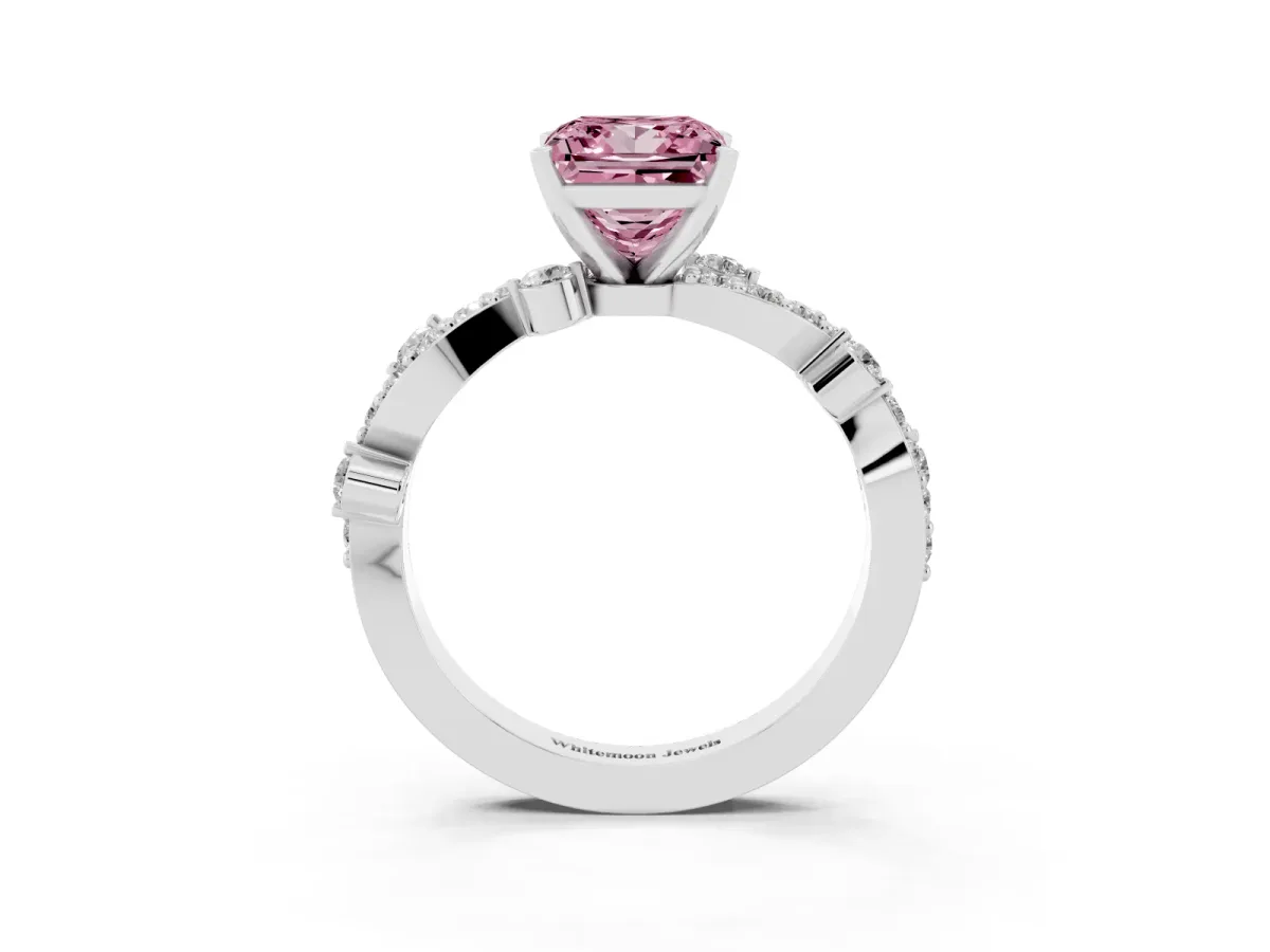 Fancy Pink Princess Cut Cut Solitaire Diamond Twisted Band with Pave Setting Silver