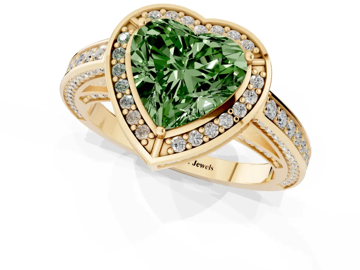 Fancy Green Heart Cut Cut Halo Pave Split Shank Prong Setting Ring Yellow gold
