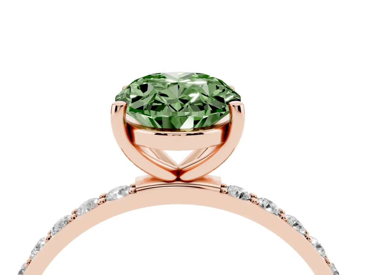 Fancy Green Oval Cut Diamond Solitaire Ring with Round Pavé Shoulders and Prong Setting Rose gold