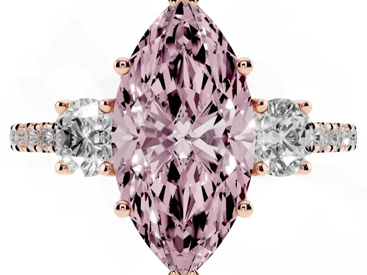 Fancy Pink Three-Stone Marquise Cut Cut Diamond Pavé Band with Prong Setting Rose gold