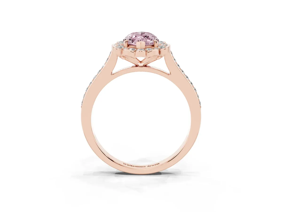 Fancy Pink Marquise Cut Halo Round Diamond Pave Band with Four-Prong Setting Rose gold