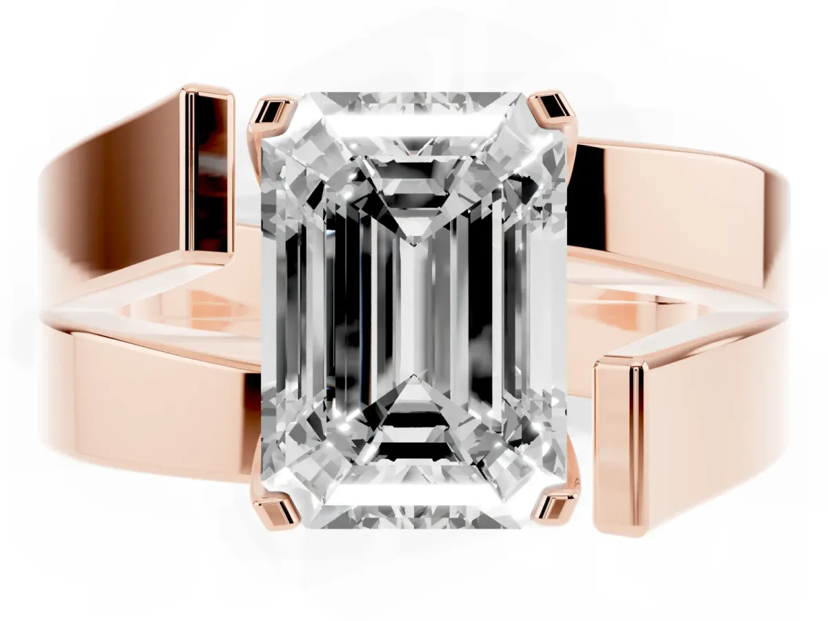 Modern Tension Set Emerald Cut Diamond Solitaire Wide Band Ring Rose gold