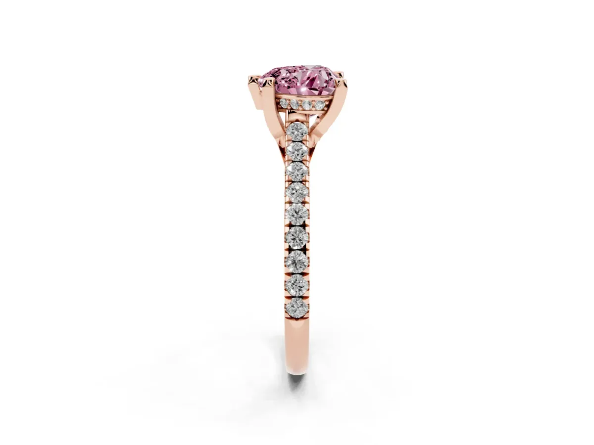 Fancy Pink Heart Cut Brilliant Diamond Solitaire with Pavé Band and Four-Prong Setting Rose gold