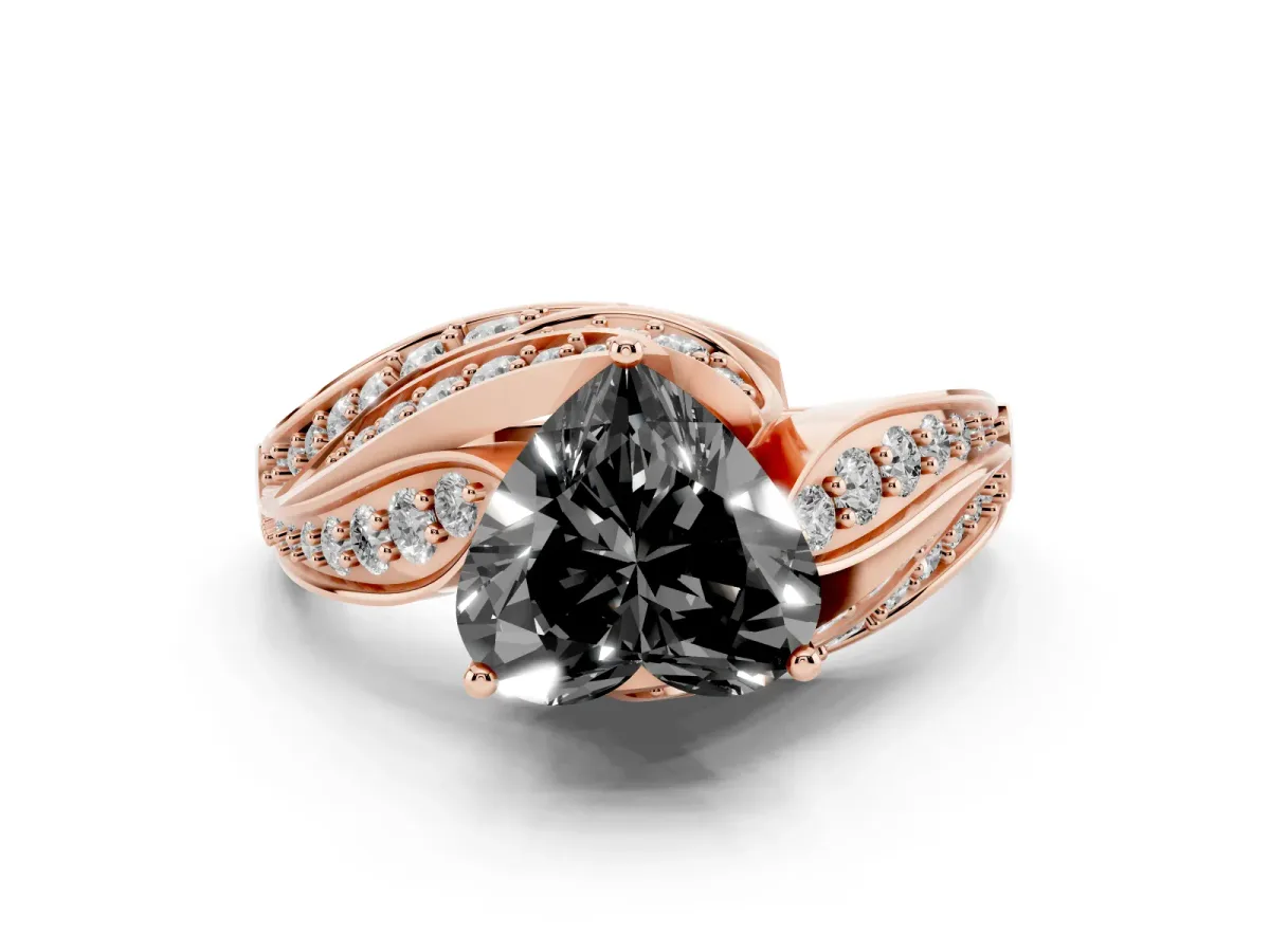 Fancy Black Heart Cut Diamond Solitaire Ring with Prong Setting and Twisted Pavé Band Rose gold