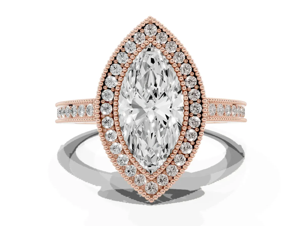 Marquise Cut Cut Halo Diamond Ring with Pavé Band and Milgrain Prong Setting Rose gold
