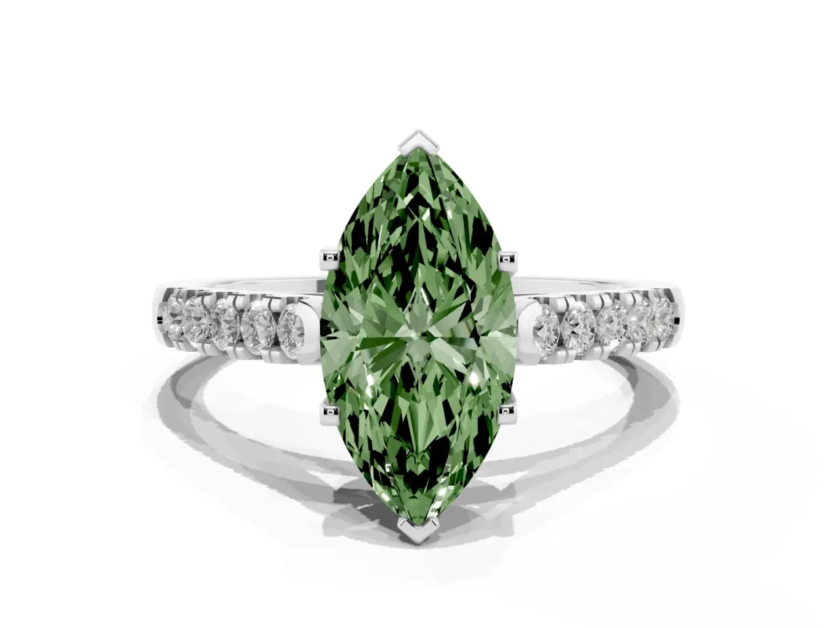 Fancy Green Marquise Cut Diamond Pavé Band Solitaire Ring with Prong Setting Silver