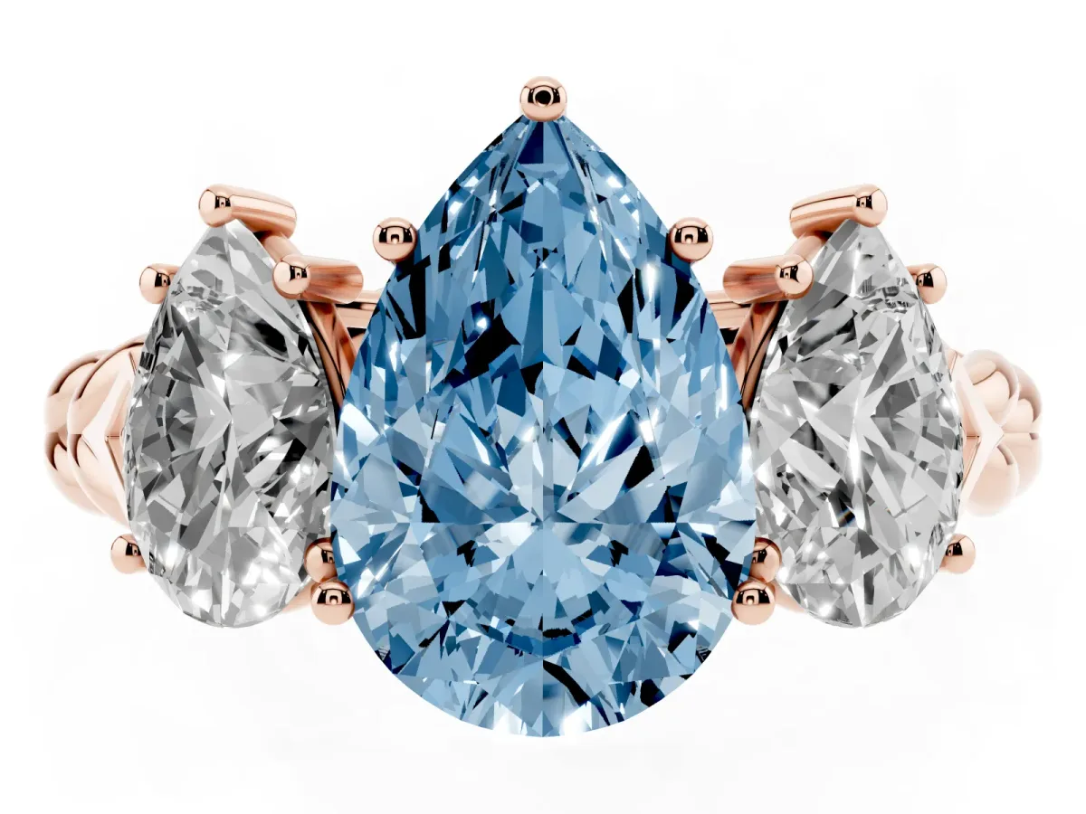 Fancy Blue Three-Stone Pear Cut Diamond Braided Band Ring with Four-Prong Setting Rose gold